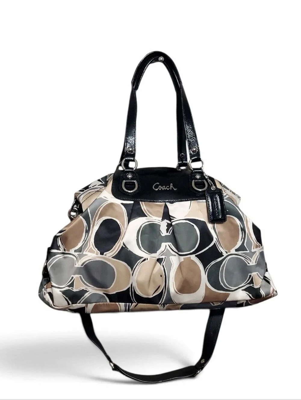 Coach Ashley Scarf Print Signature Sateen & Black  Leather Satchel No. F17644